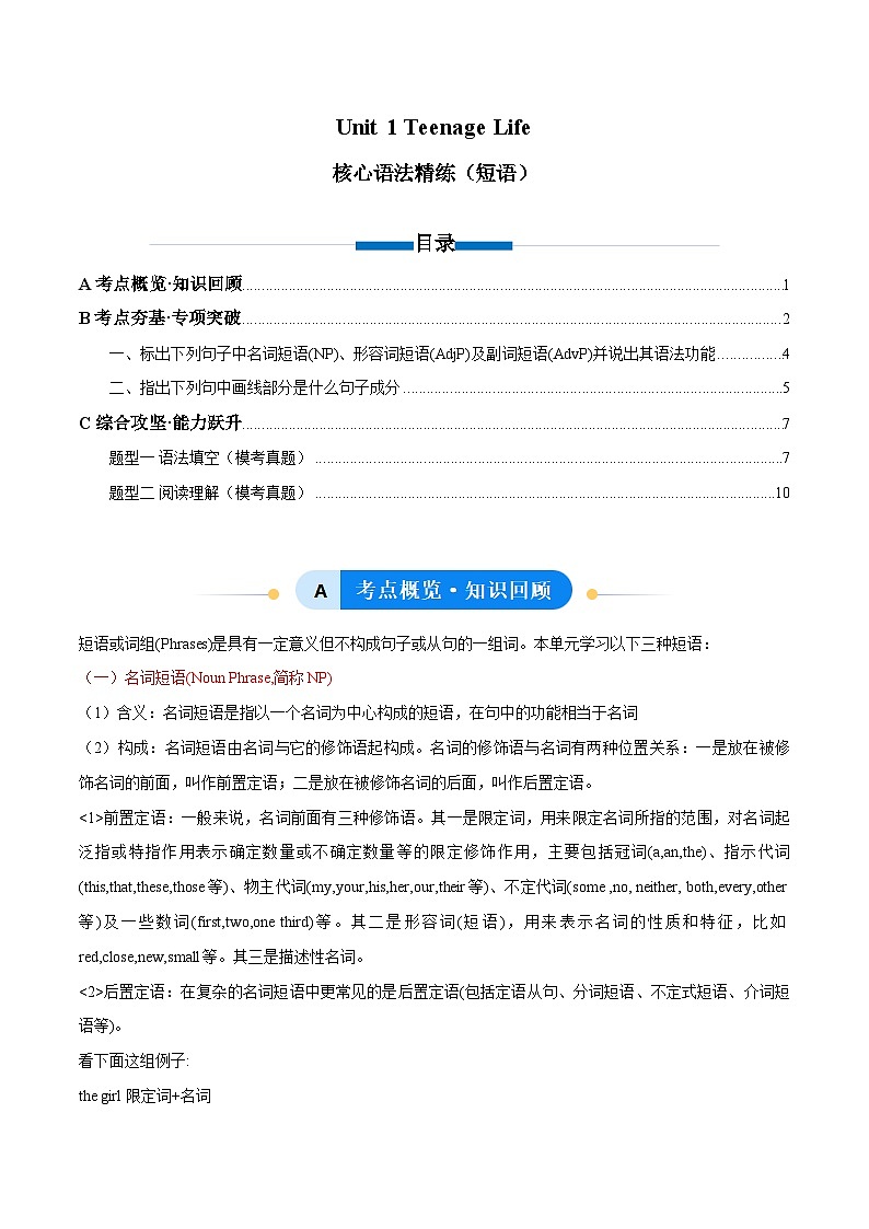 人教版高中英语必修第一册Unit 1 Teenage Life 短语（单元核心语法精练）（学生版）第1页