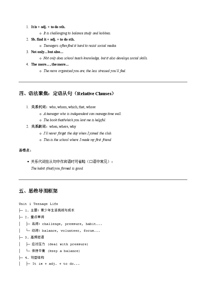人教版高中英语必修第一册Unit1Teenage Life教材考点精练单元重点单词短语句型语法（学生版）第2页
