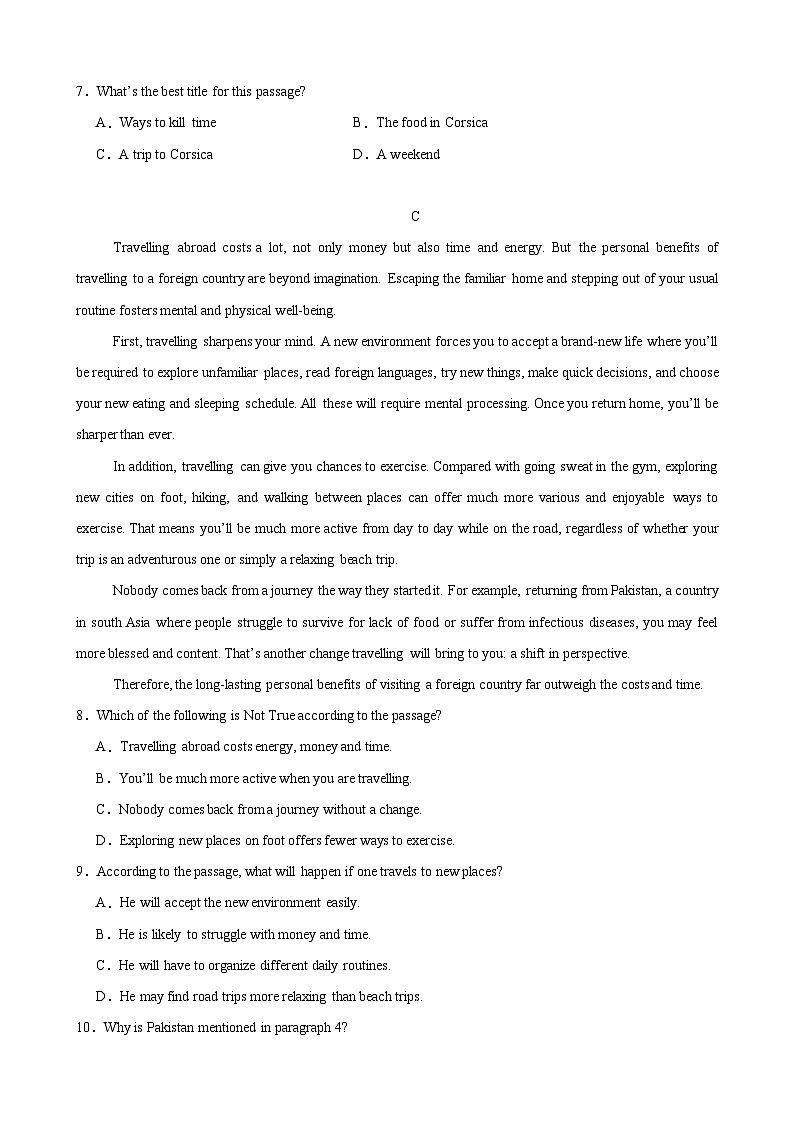 人教版高中英语必修第一册Unit 2 Travelling Around（单元测试·基础卷）（学生版）第3页