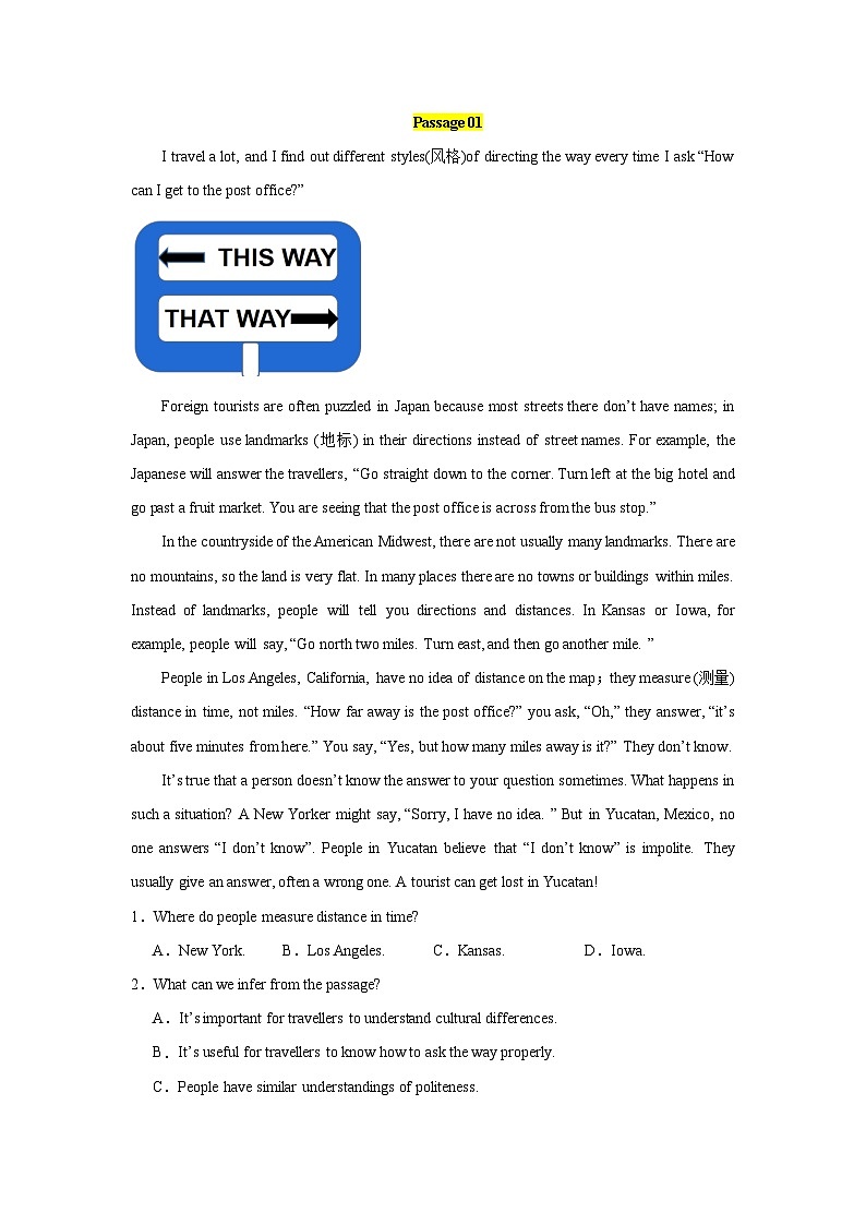 人教版高中英语必修第一册Unit 2 Travelling around（话题阅读精练）(教师版)第3页