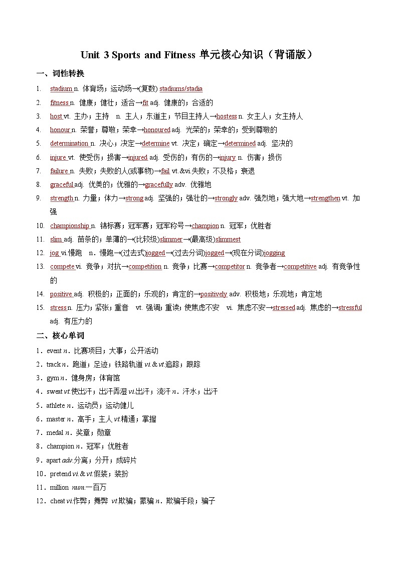 人教版高中英语必修第一册Unit 3 Sports and Fitness（单元核心知识梳理）（背诵版）第1页