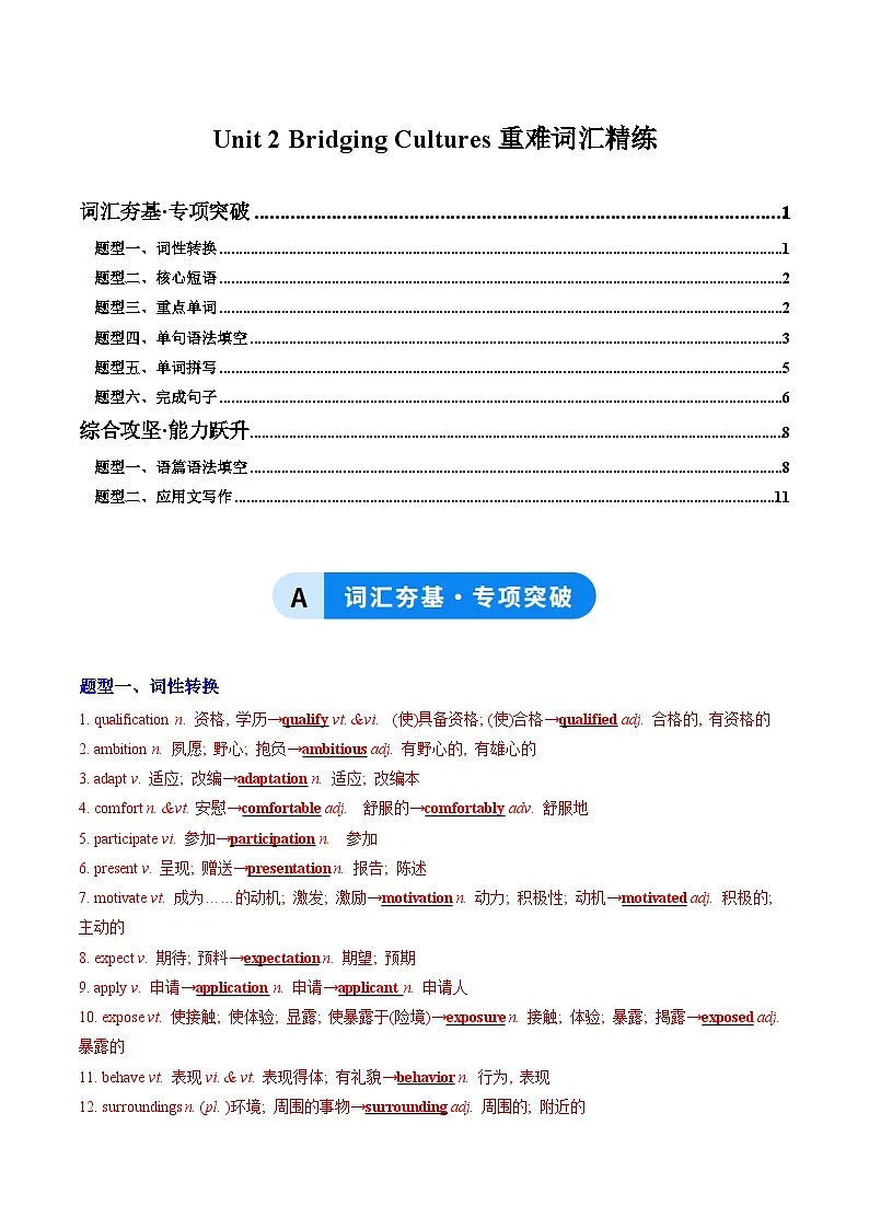 人教版高中英语选择性必修二Unit 2 Bridging Cultures（重难词汇精练）（教师版）第1页