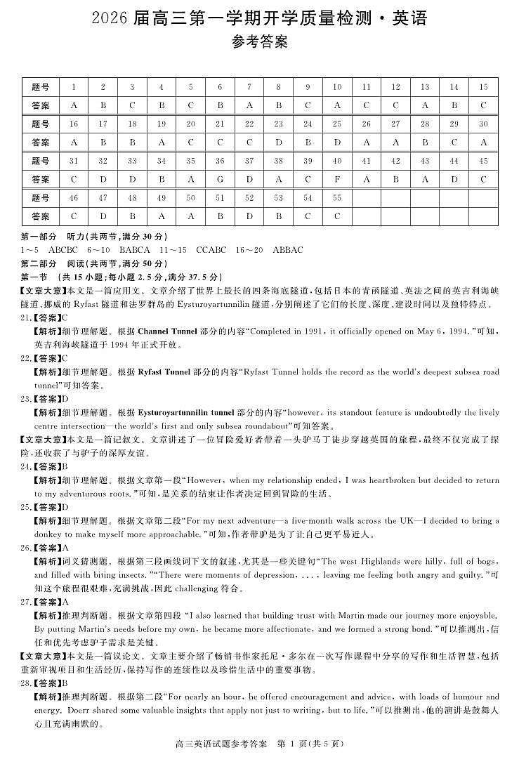 安徽省华师联盟2026届高三第一学期9月份开学联考英语详解版答案第1页
