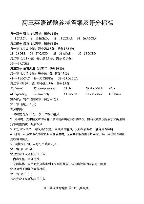 山东省泰安肥城市2025-2026学年高三上学期开学学情诊断 英语答案第1页