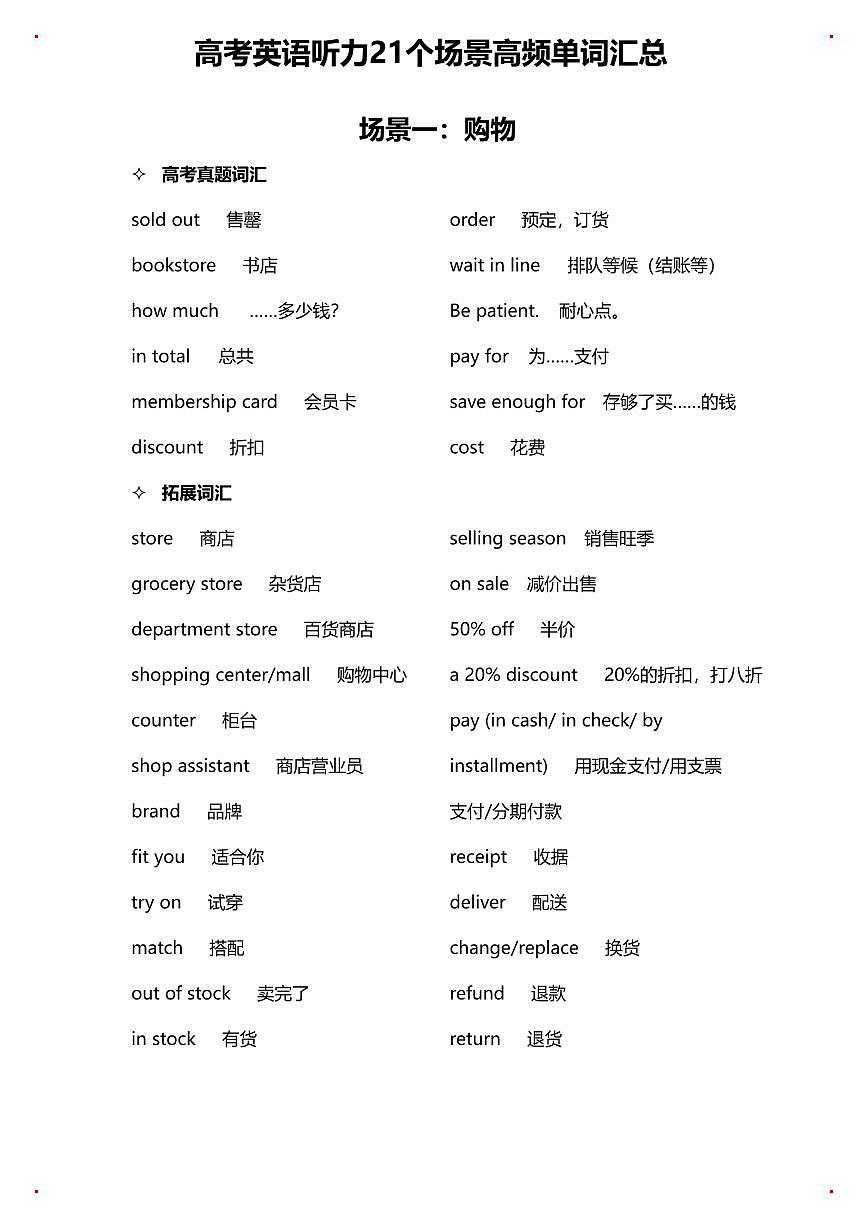高考英语听力21个场景高频单词知识点汇总第1页