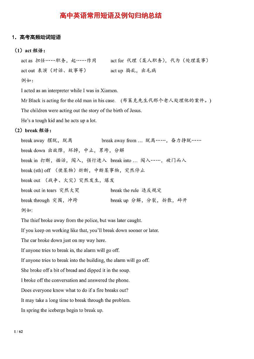 高中英语常用短语及例句归纳知识点总结（PDF版）第1页