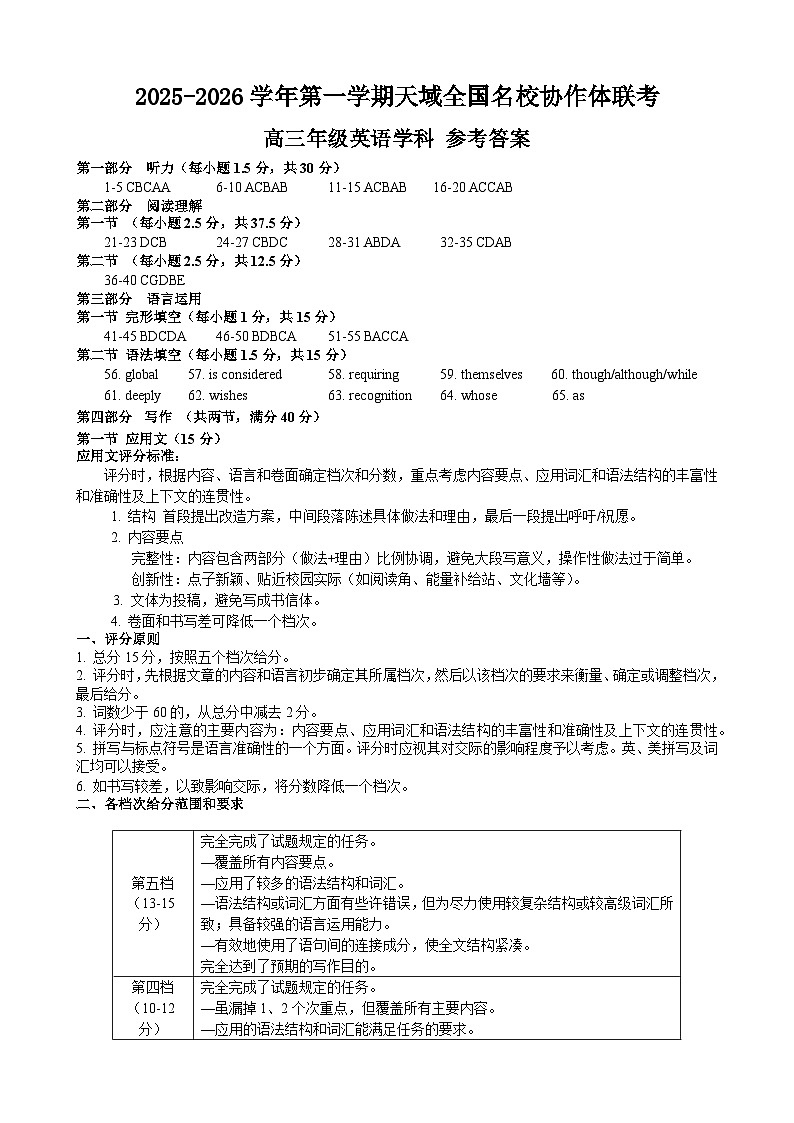 2025-2026学年第一学期天域全国名校协作体联考英语答案第1页