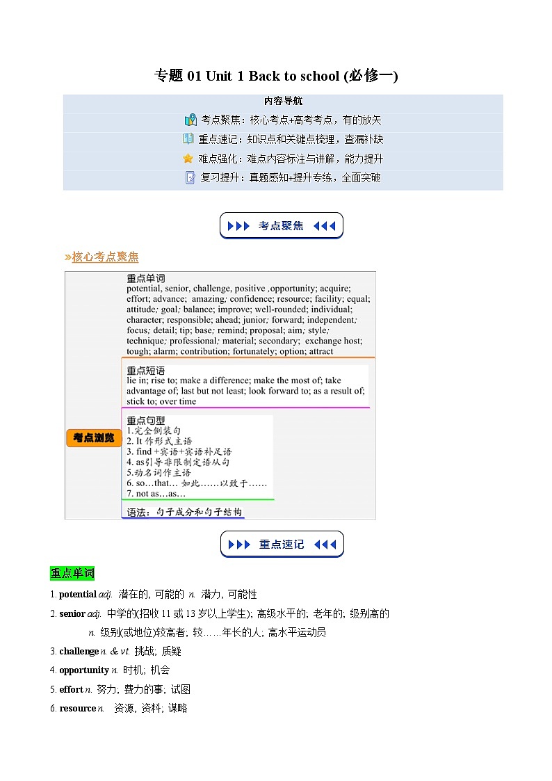 【02-暑假预习】专题01 必修一Unit 1 Back to school (新课提前学·精讲精练) (教师版)-2025年新高一英语暑假衔接讲练 (译林版)第1页