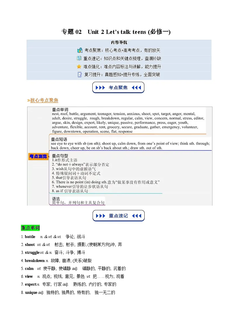 【02-暑假预习】专题02 必修一Unit 2 Let's talk teens (新课提前学·精讲精练) (教师版)-2025年新高一英语暑假衔接讲练 (译林版)第1页