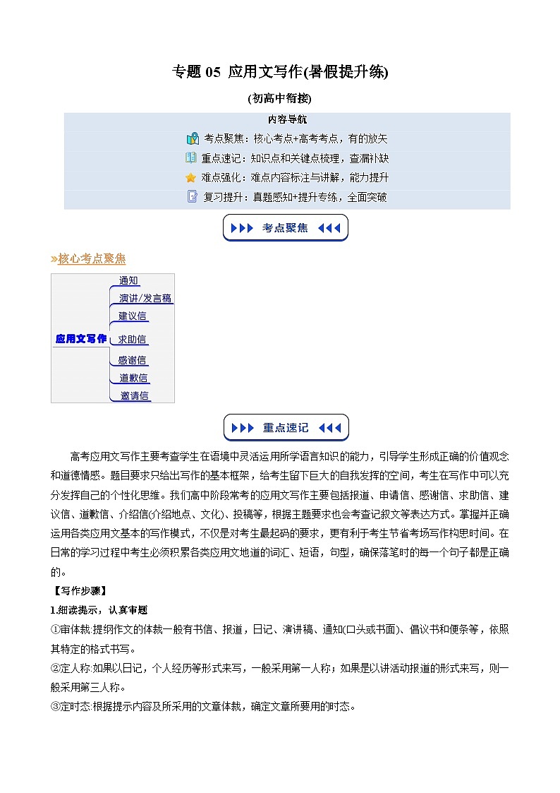 【03-暑假培优练】专题05 应用文写作 (暑假提升练) (学生版)-2025年新高一英语暑假衔接讲练 (译林版)第1页