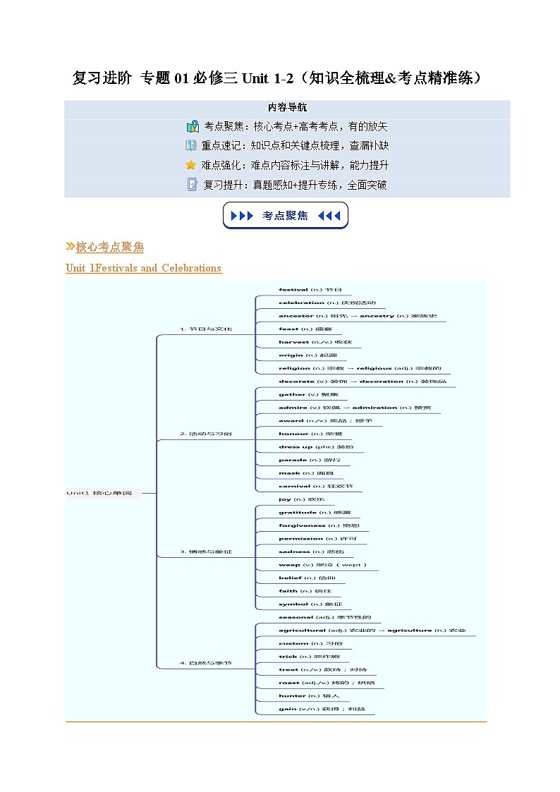 【01-暑假复习】专题01 必修三Unit 1-2 (知识全梳理&考点精准练)（学生版）-2025年新高二英语暑假衔接讲练 (人教版)第1页