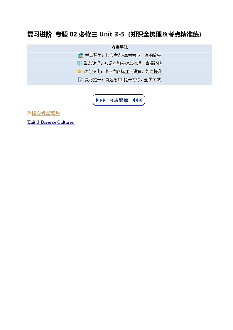 【01-暑假复习】专题02 必修三Unit 3-5 (知识全梳理&考点精准练)（学生版）-2025年新高二英语暑假衔接讲练 (人教版)第1页