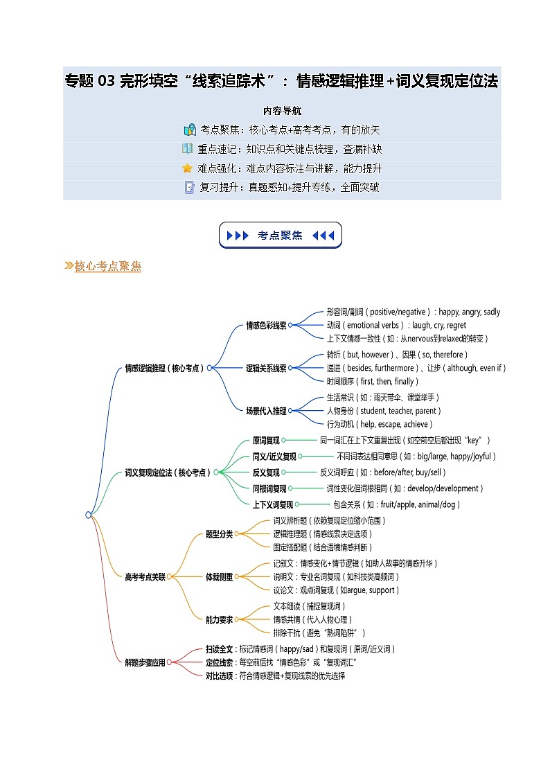【03-技能强化】专题03 完形填空“线索追踪术”：情感逻辑推理+词义复现定位法（学生版） -2025年新高二英语暑假衔接讲练 (人教版)(2)第1页