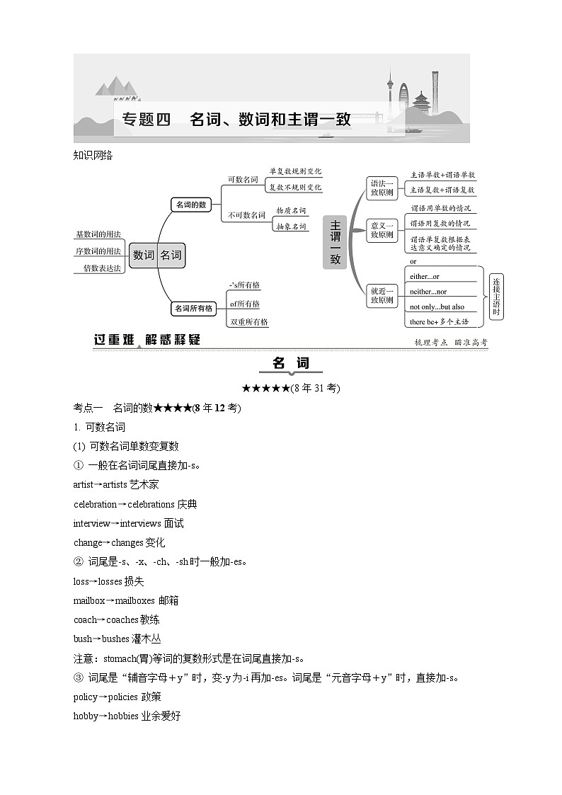 高考英语一轮复习讲义练习专题4　名词、数词和主谓一致 [名词8年31考，数词8年1考，主谓一致8年12考]第1页