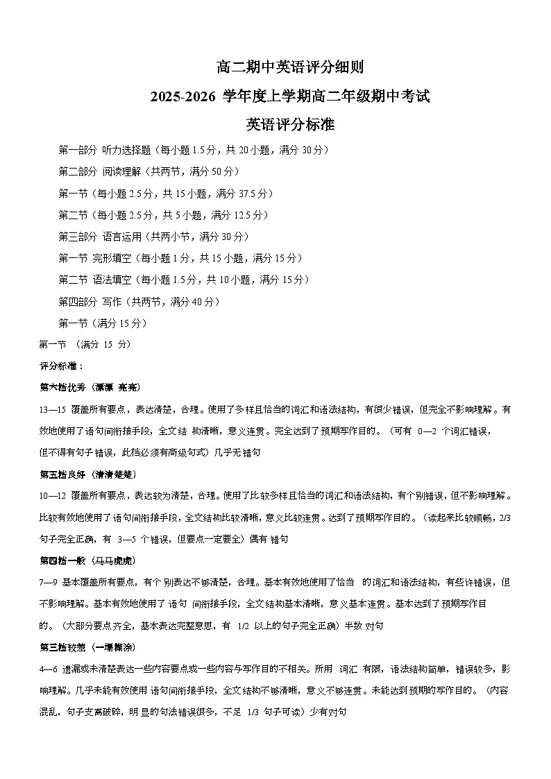 湖北省十堰市普通高中区县联合体2025-2026学年高二上学期期中考试英语试卷（评分细则）第1页