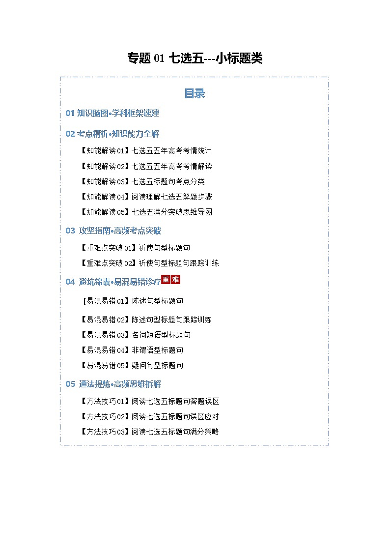 专题01 七选五--小标题类（知识清单）（原卷版）2026年高考英语一轮复习知识清单（全国通用）第1页