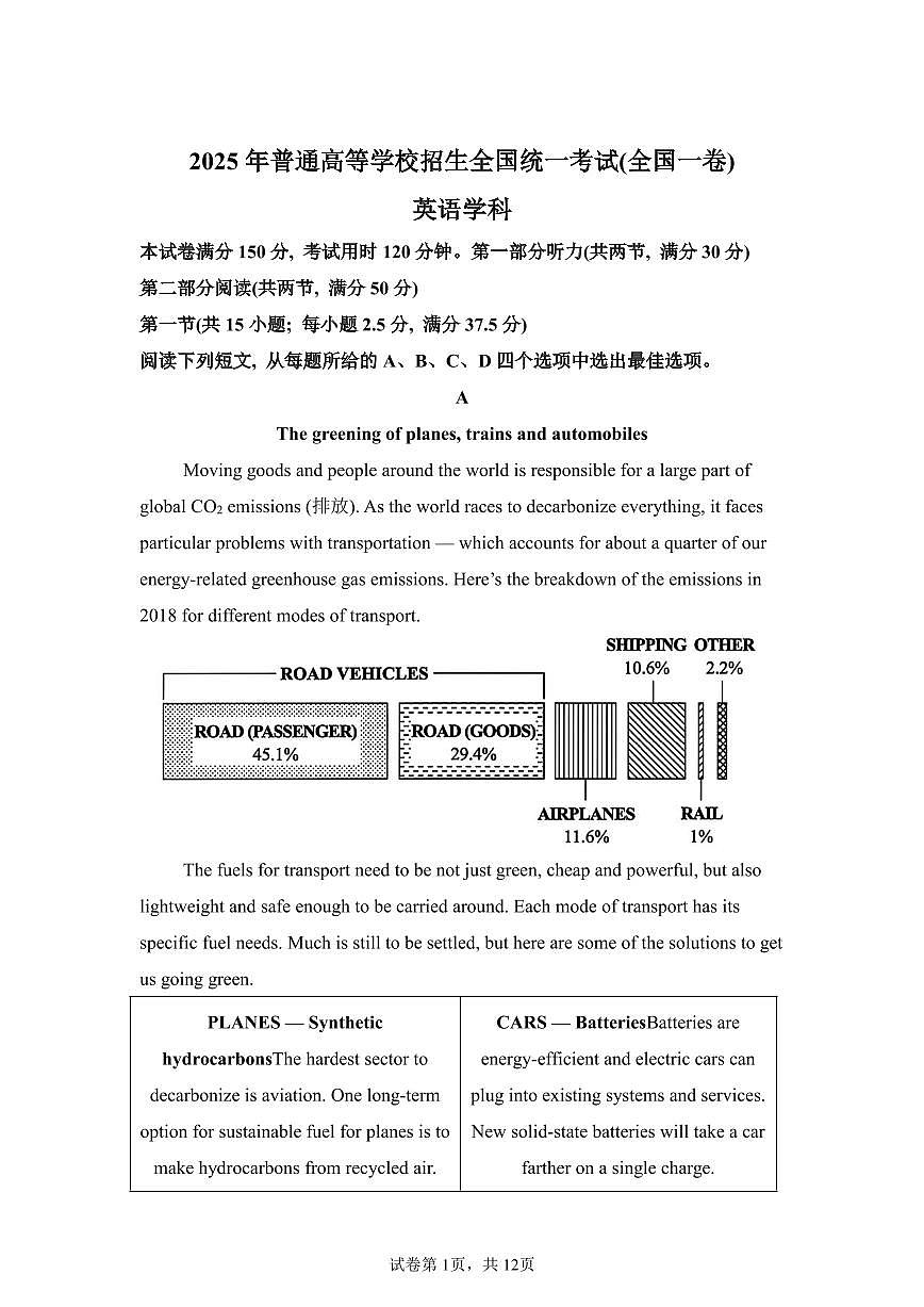 【全国1卷】2025年高考全国一卷英语高考真题文档版（含答案）第1页