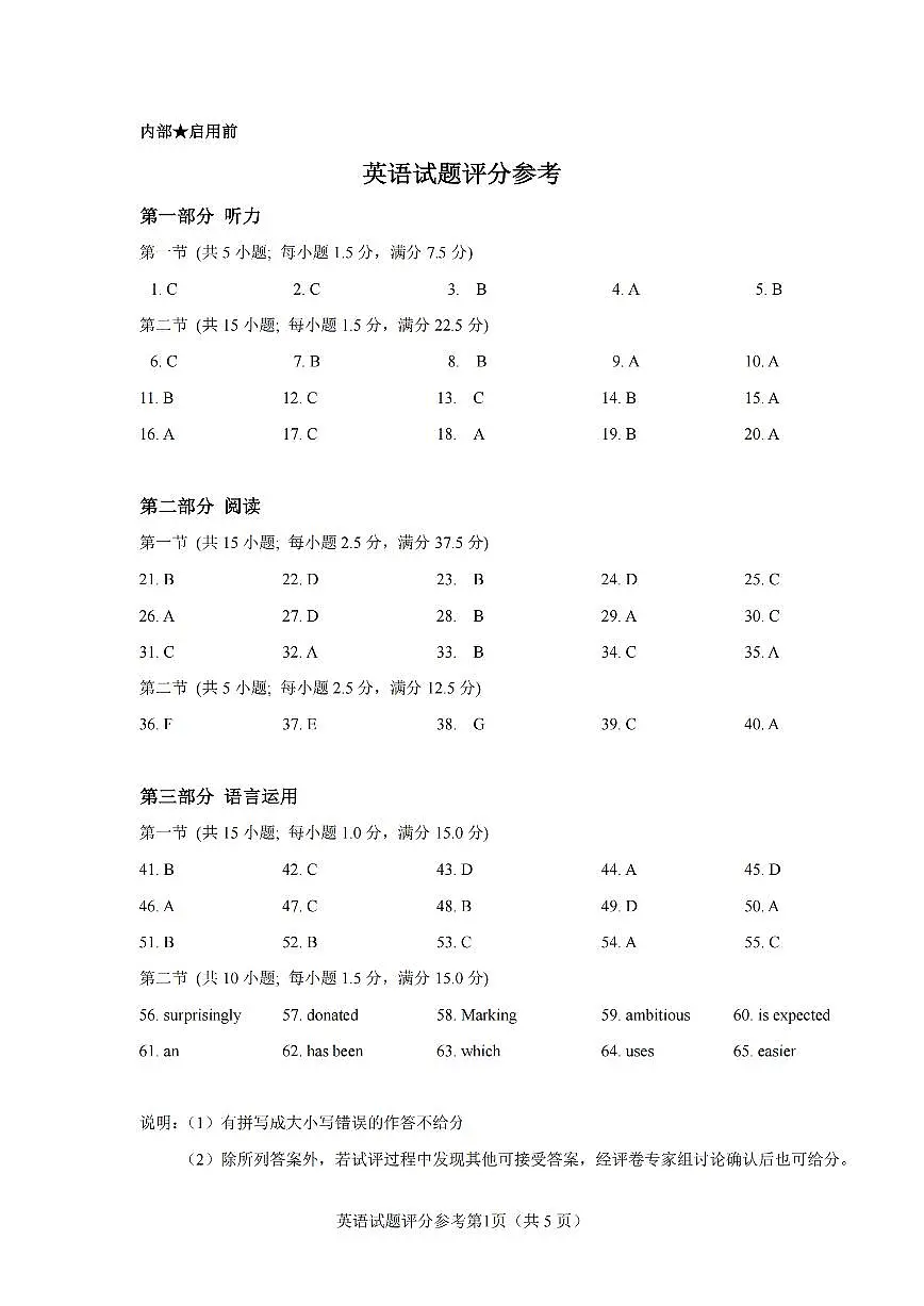 英语答案｜26届嘉兴一模第1页