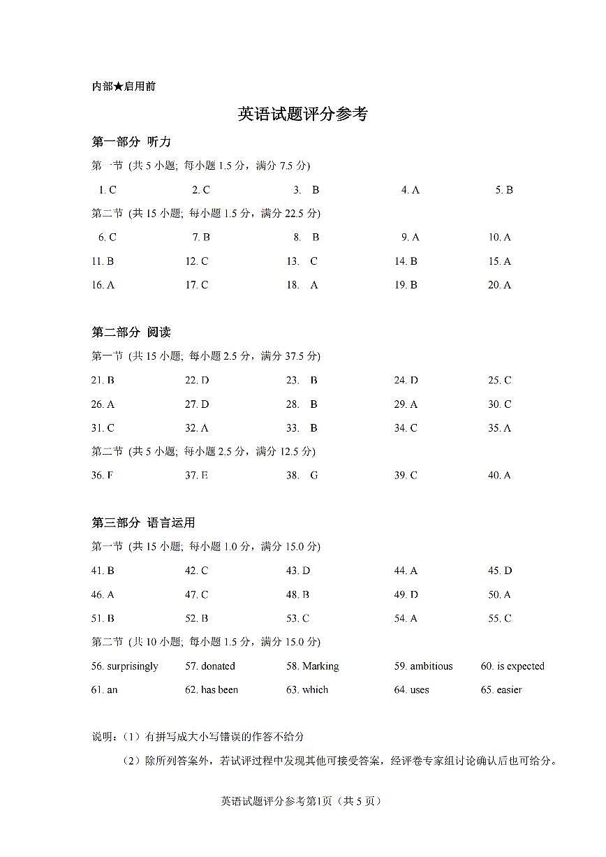 英语答案｜26届嘉兴一模第1页