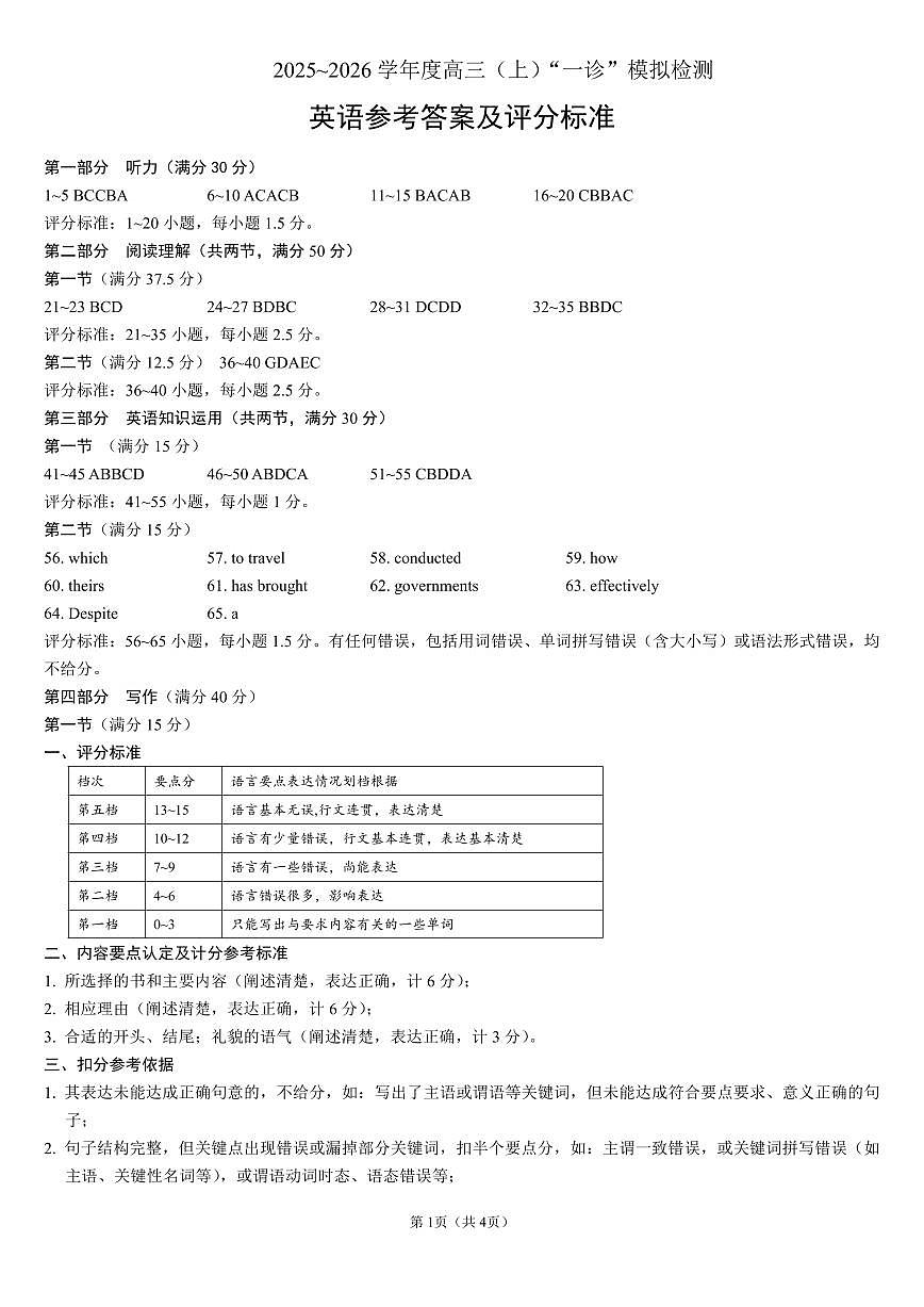 成都市第七中学2025-2026学年度上期高2026届一诊模拟考试英语答案第1页