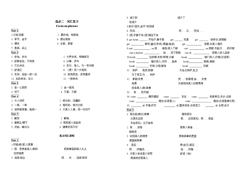 人教版[高二英语]Unit1-Unit5+重点短语搭配复习（默写版）-高中英语人教版（2019）选择性必修第二册学案第1页