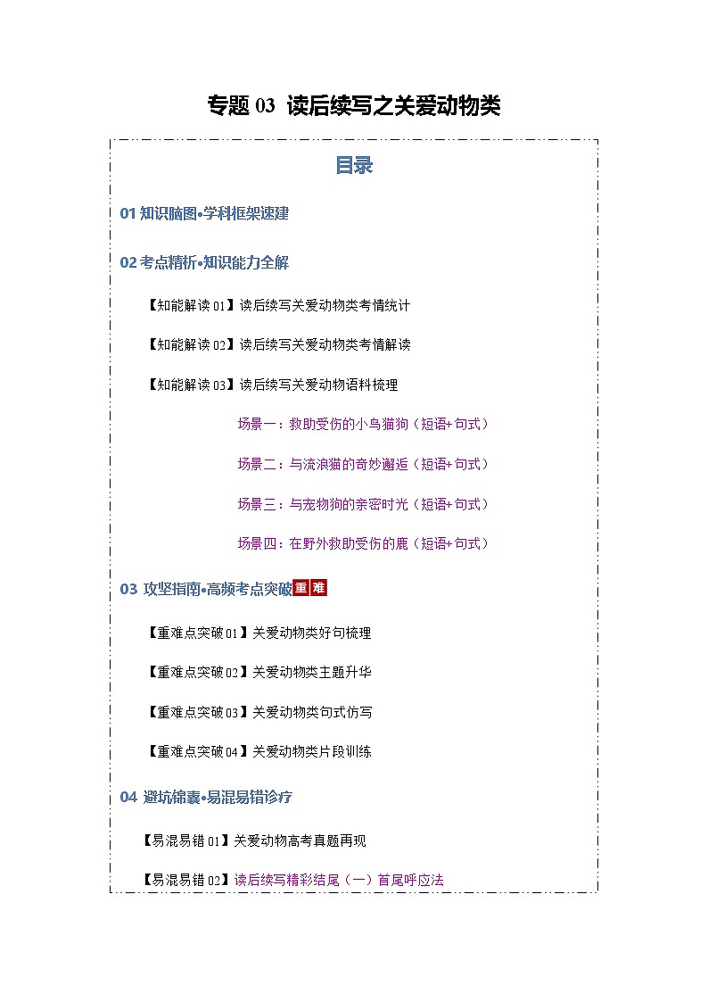 高考英语二轮专题-读后续写之关爱动物类（知识清单）（教师版）第1页