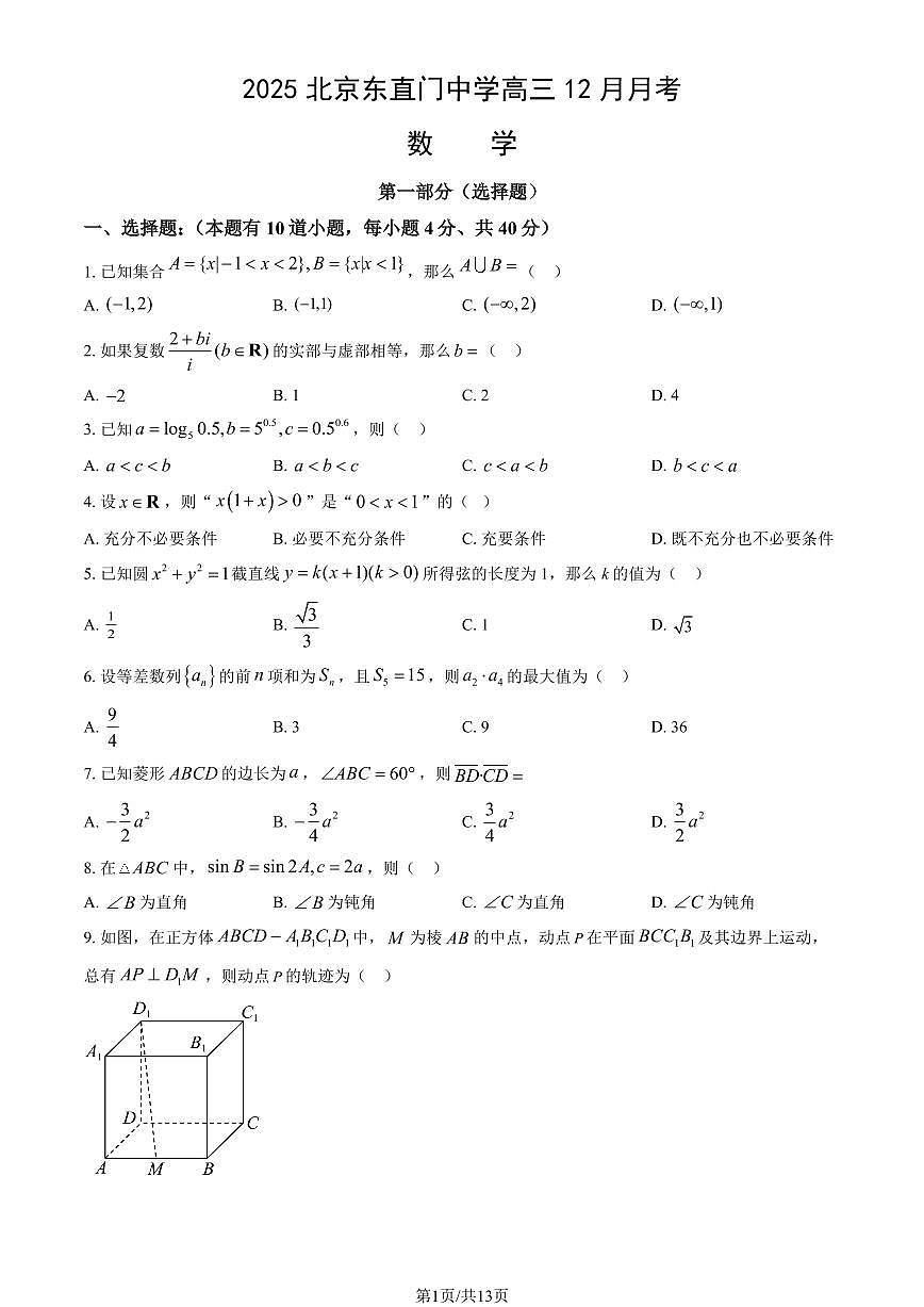 2025北京东直门中学高三上12月月考英语试卷（教师版）第1页