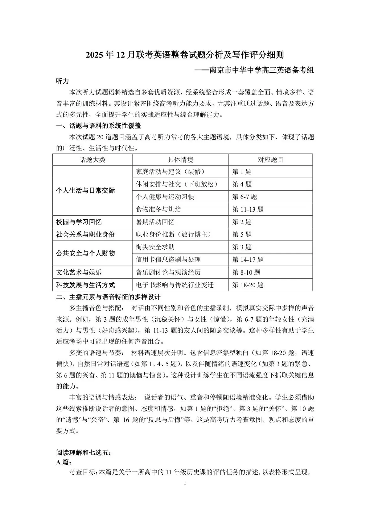 英语整卷分析及写作评分细则第1页