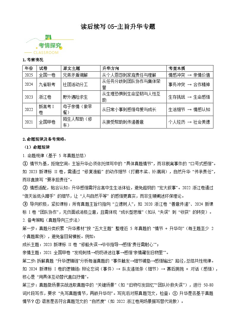高考英语二轮讲义-读后续写主旨升华专题（全国通用）（教师版）第1页