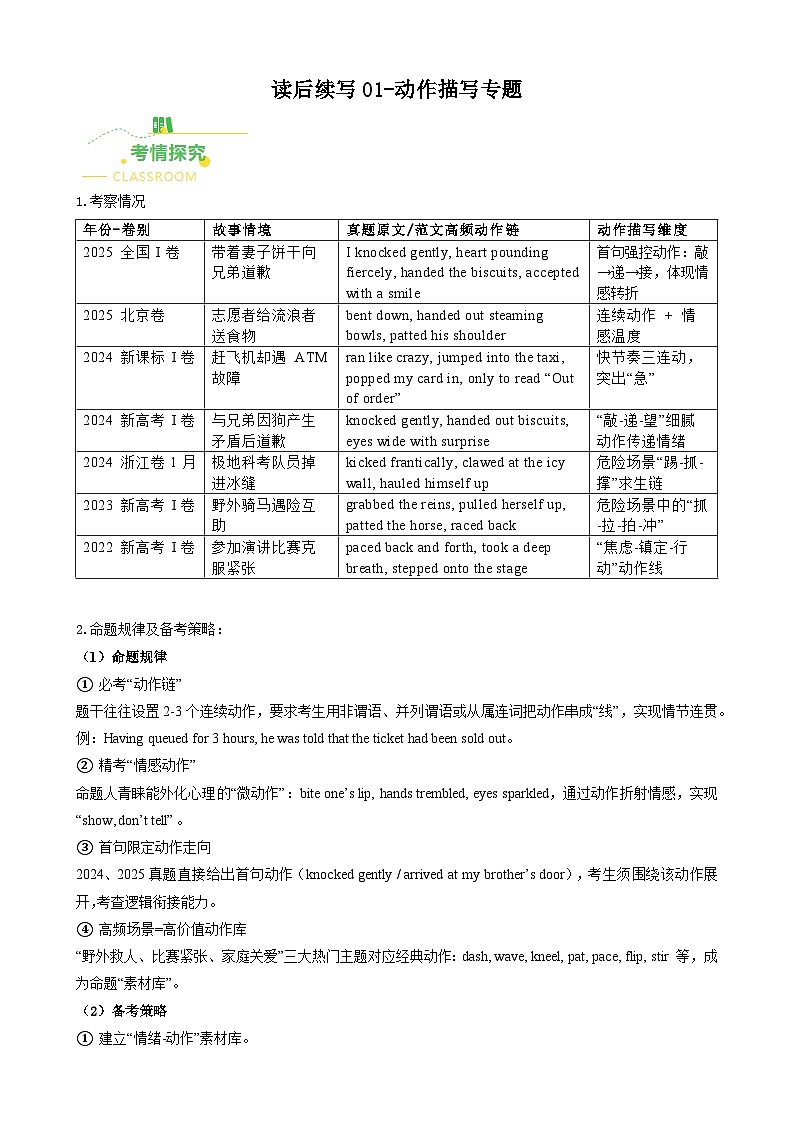 高考英语二轮讲义-读后续写动作描写专题（全国通用）（教师版）第1页