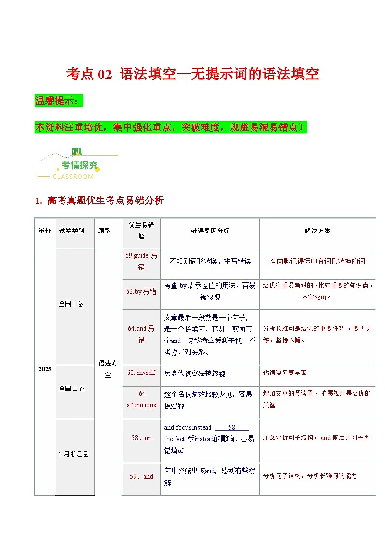 高考英语二轮讲义-语法填空——无提示词的语法填空（核心考点精讲精练）（全国通用）（教师版）第1页
