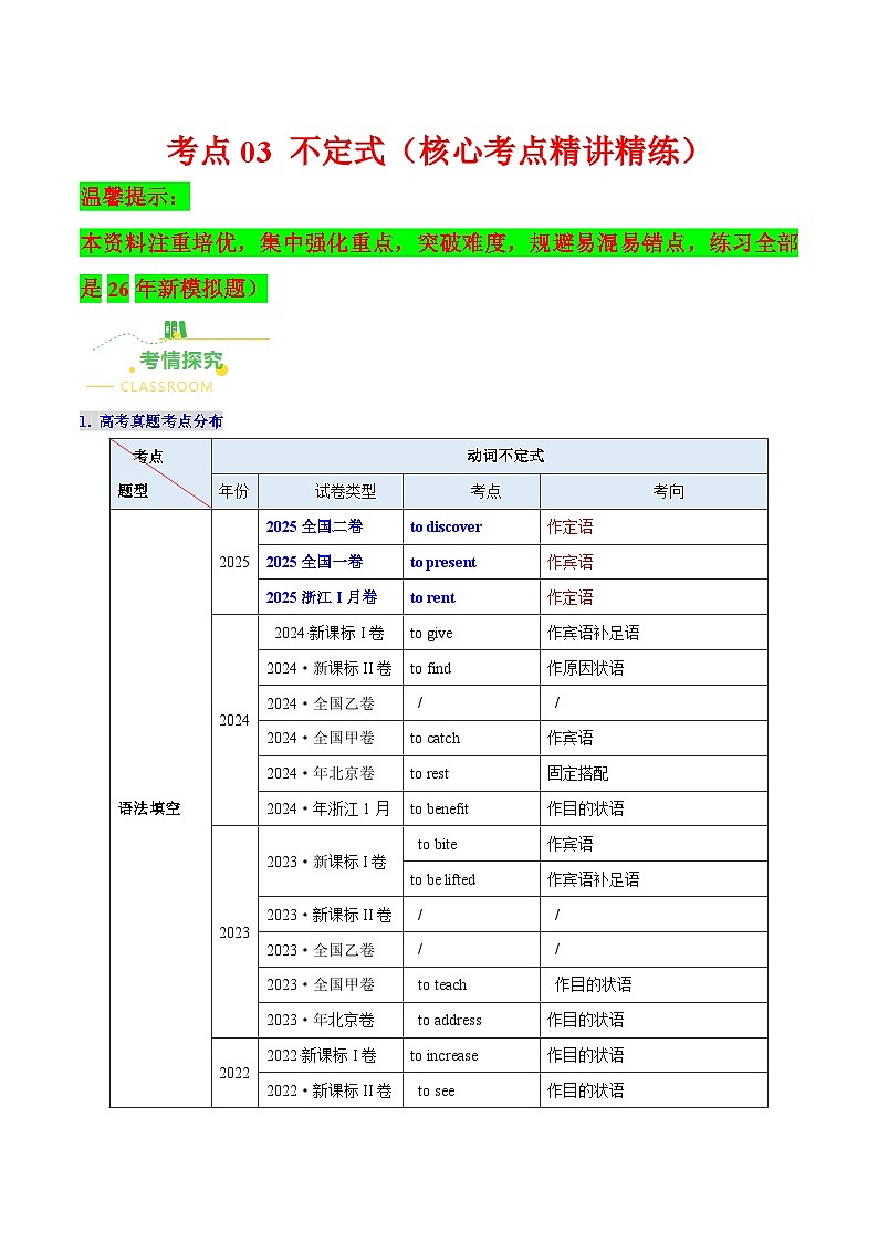 高考英语二轮讲义-不定式（核心考点精讲精练）（全国通用）（学生版）第1页