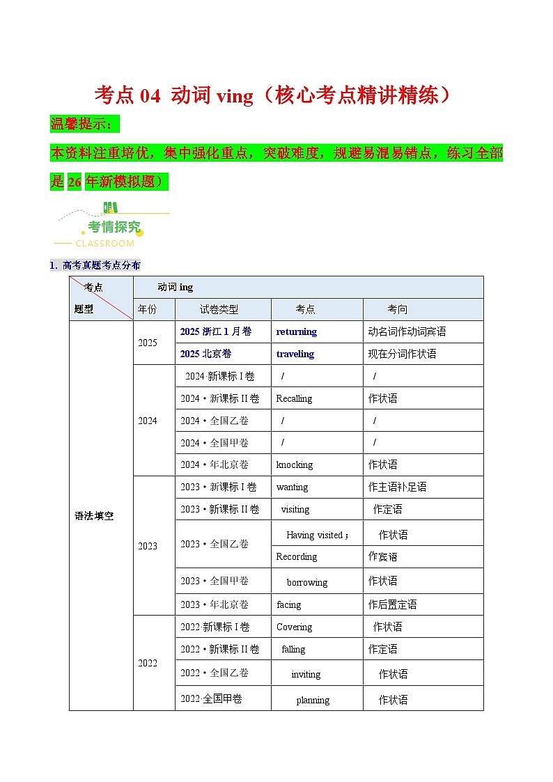 高考英语二轮讲义-动词 Ving（核心考点精讲精练）（全国通用）（教师版）第1页
