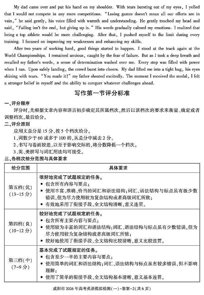 咸阳市2026年高考模拟检测（一）英语答案第2页