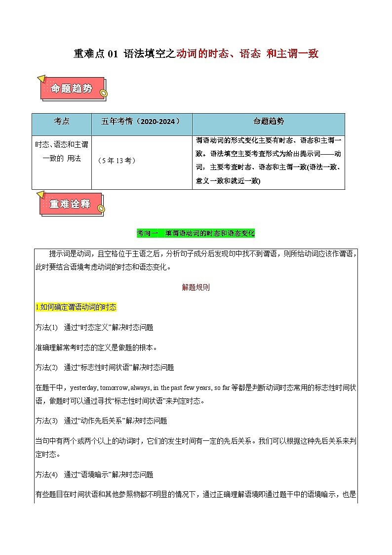 高考英语二轮讲义-语法填空之动词的时态、语态和主谓一致（解析版）第1页