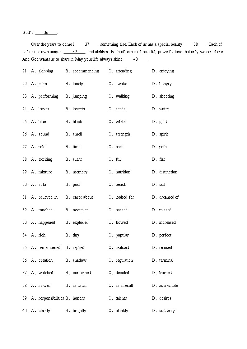 高考英语二轮专项训练-完形填空（名校模拟10篇）（原卷版）- （天津专用）第3页