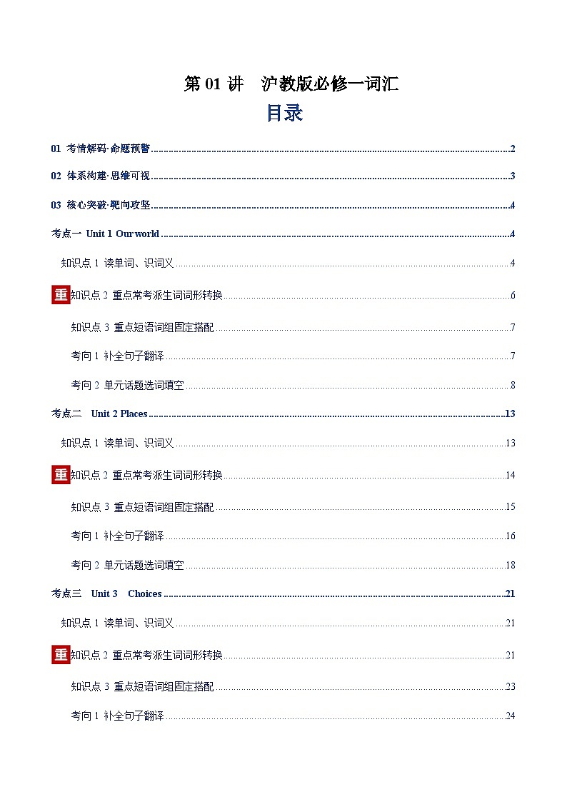 高考英语一轮-沪教版必修一词汇（词性转换，短语词组，词汇综合检测）（讲义）（学生版）第1页