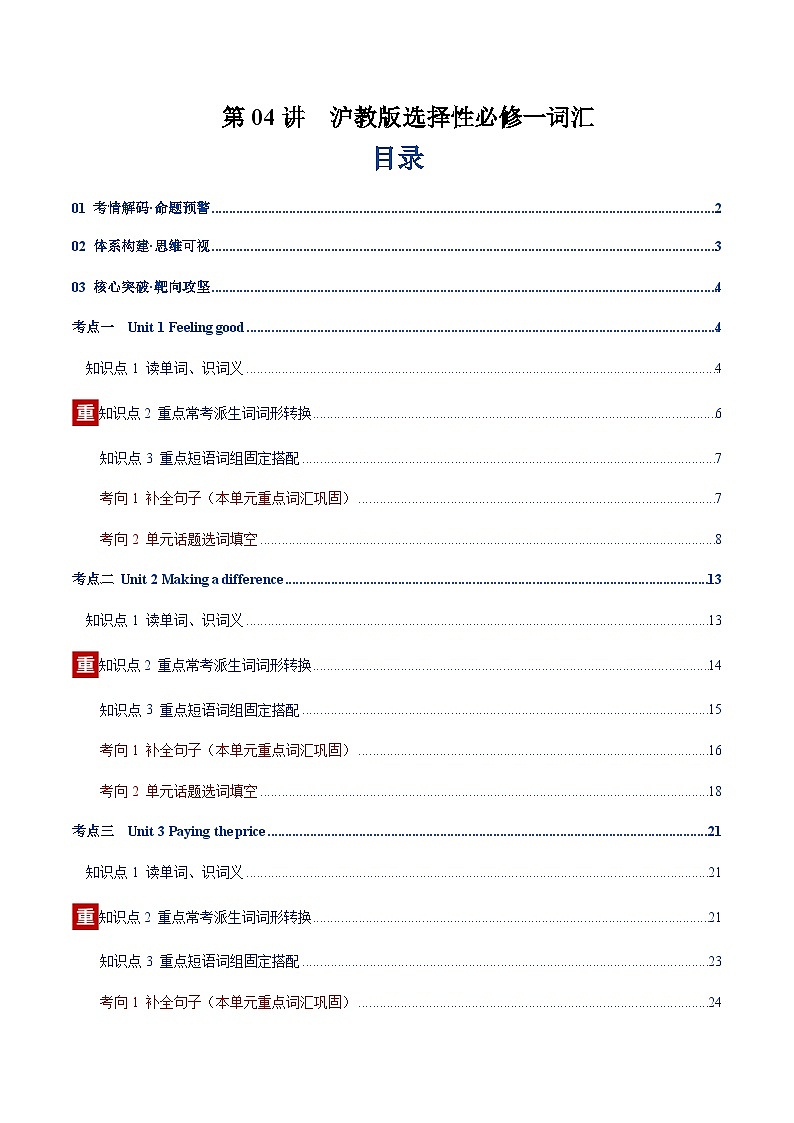 高考英语二轮-沪教版选择性必修一词汇（词性转换，短语词组，词汇综合检测）（讲义）（解析版）第1页