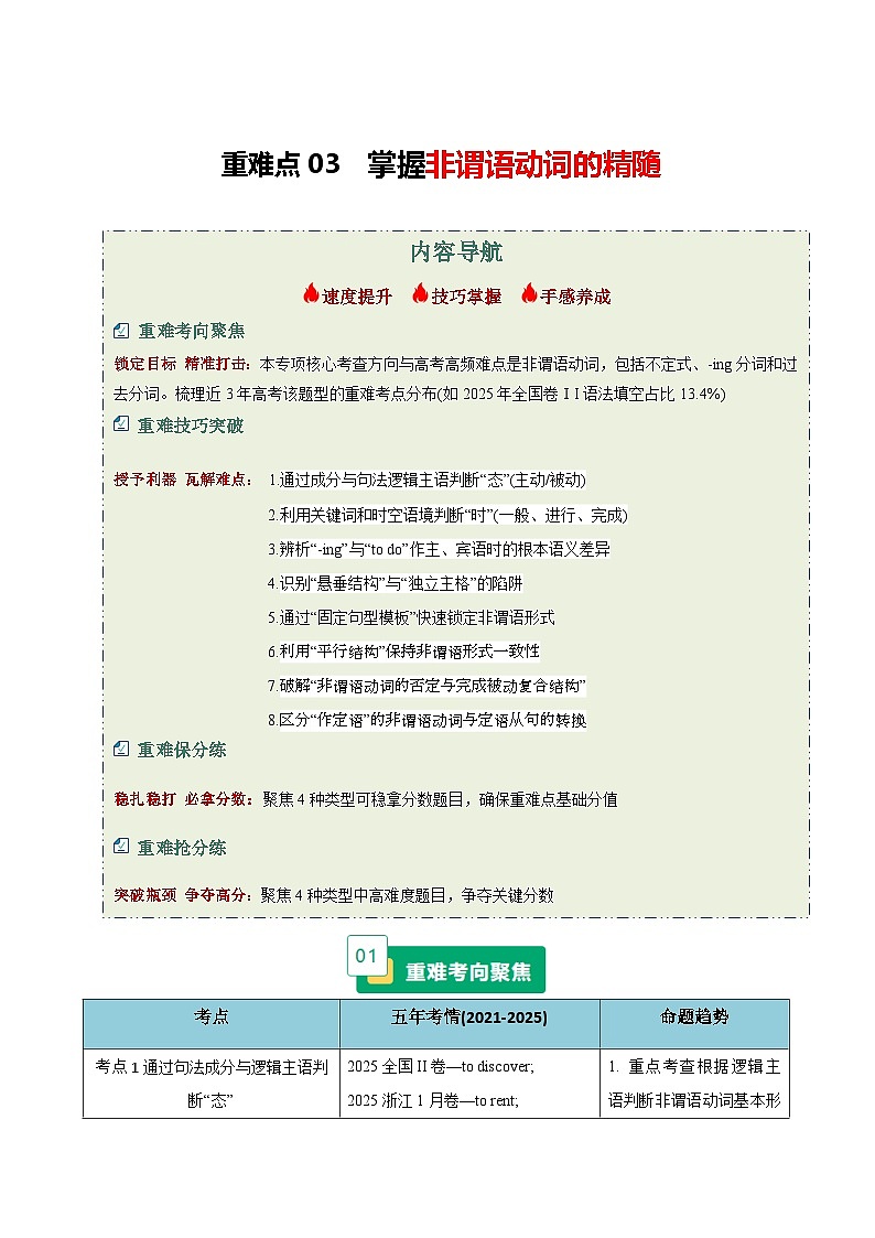 高考英语二轮讲义-掌握非谓语动词的精隨（重难专练）（全国通用）（教师版）第1页