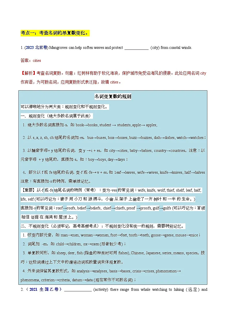 高考英语二轮讲义-名词单复数变化规律（重难专练）（全国通用）（教师版）第3页