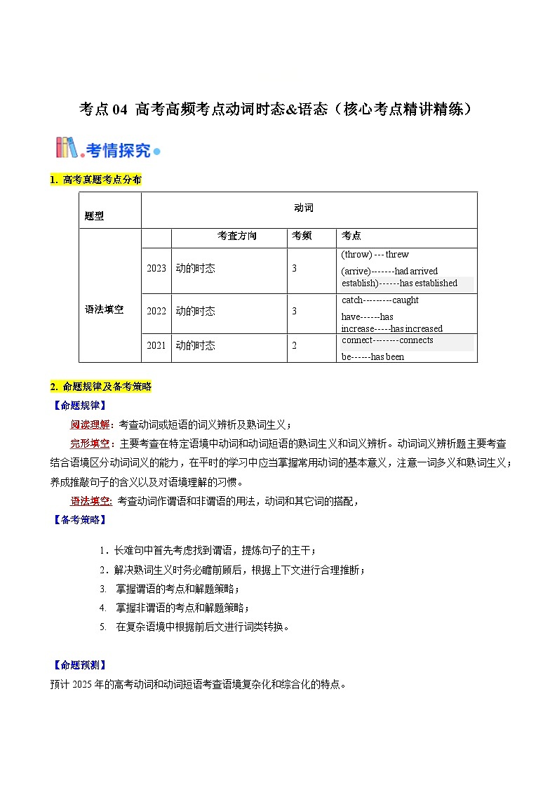 高考英语一轮讲义-高考高频考点动词时态&语态（学生版)第1页