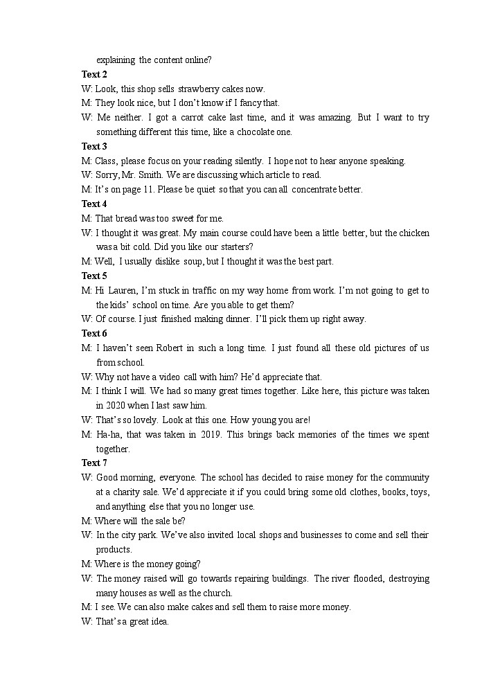 2024-2025学年度第一学期 高一英语期末试题参考答案第2页