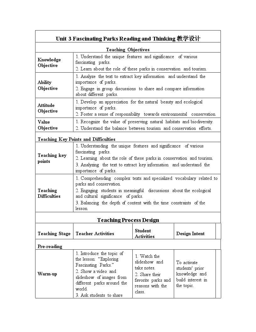 Unit3 Fascinating Parks Reading and Thinking 教学设计高中英语人教版（2019）选择性必修第一册第1页