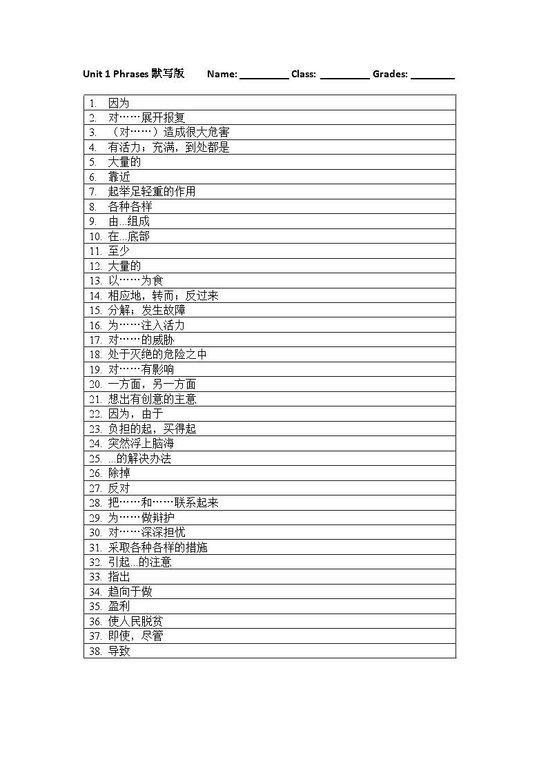译林高一英语必修三unit1 Nature in the balance 短语默写第1页