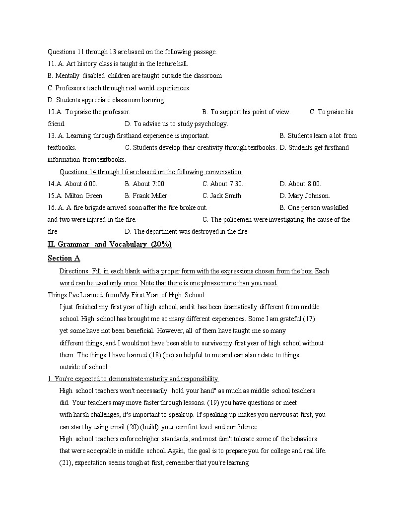 上海市第四中学2024_2025学年高一上学期期中考试英语试题（文字版，含答案）第2页