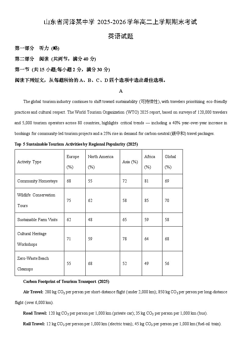 2025-2026学年山东省菏泽某中学高二上学期期末考试英语试卷（学生版）第1页