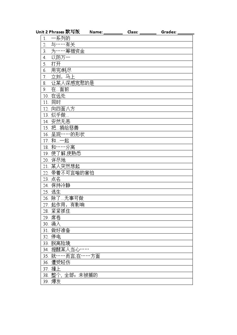 译林英语高一必修三Unit2 Natural Disaster 短语默写版第1页
