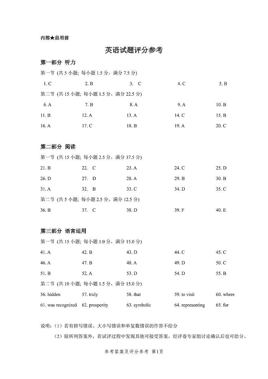 2026届武昌区高三元调 英语答案第1页