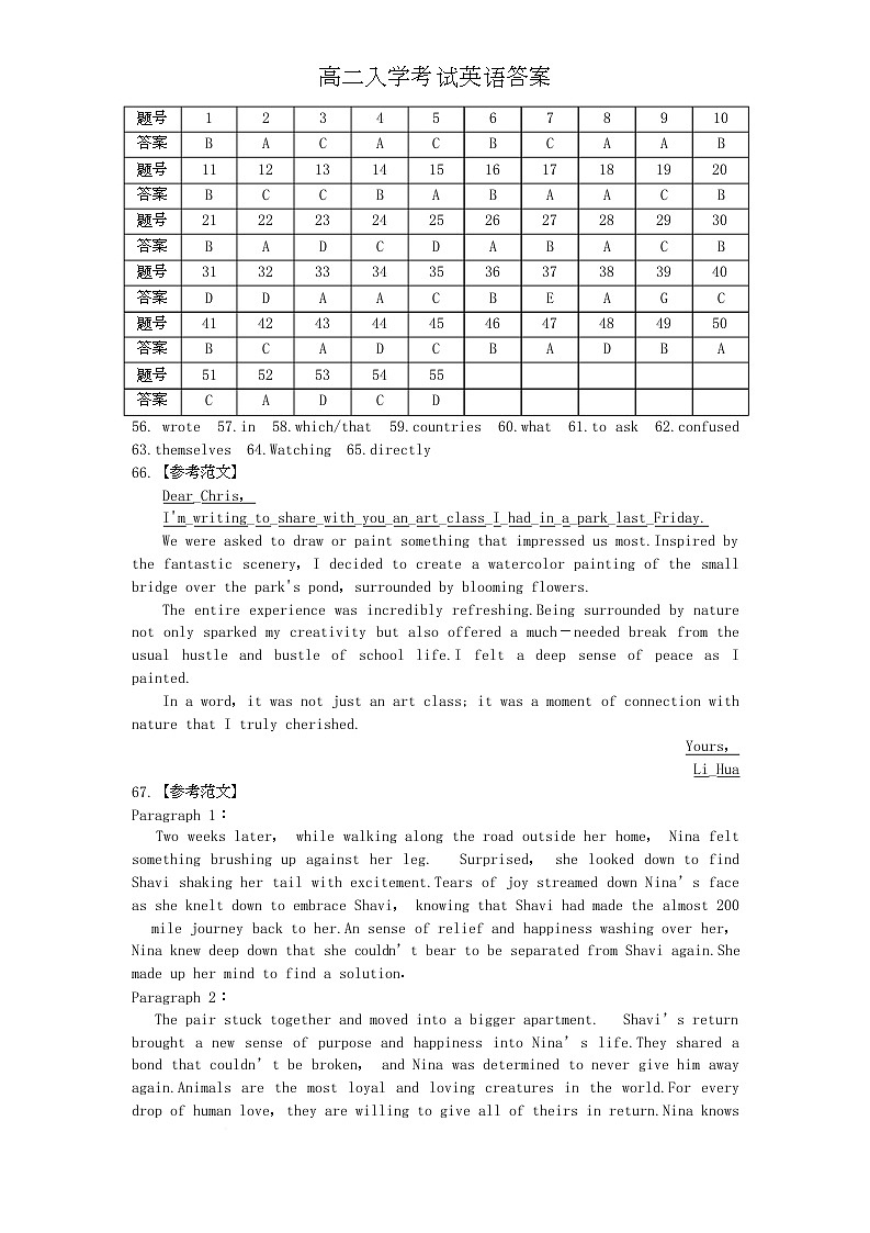  英语入学考试试卷答案第1页