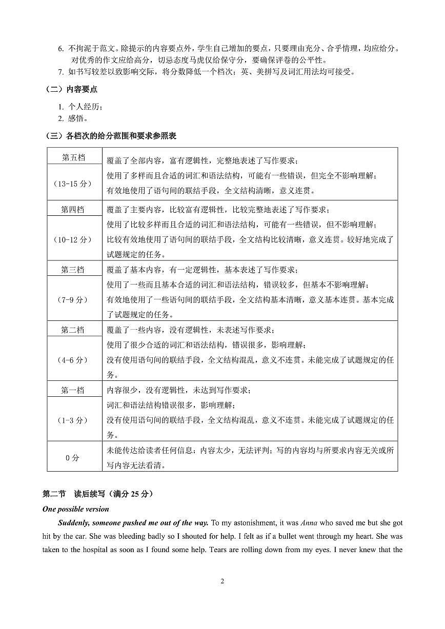 参考答案及评分标准 南平市2023-2024学年第二学期高二期末质量检测英语参考答案及评分标准第2页